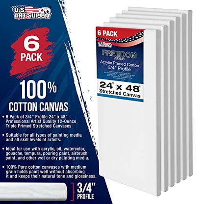 U.S. Art Supply 24 x 48 inch Stretched Canvas 12-Ounce Primed 6-Pack - Professional White Blank 3/4" Profile Heavy-Weight Gesso Acid Free Bulk Pack - Painting, Acrylic Pouring, Oil Paint - size: 24" x 48"