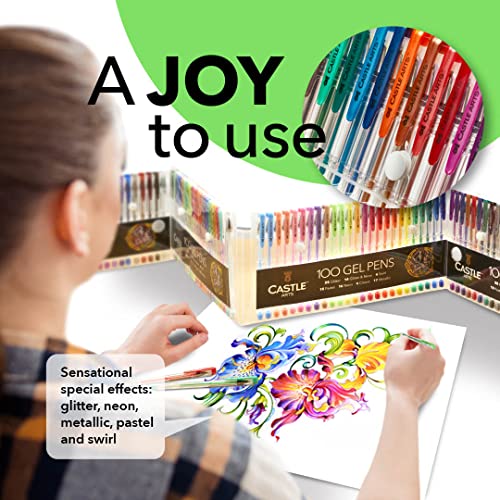 Castle Art Supplies 100 Gel Pens for Adult Coloring Set - Fine Tips