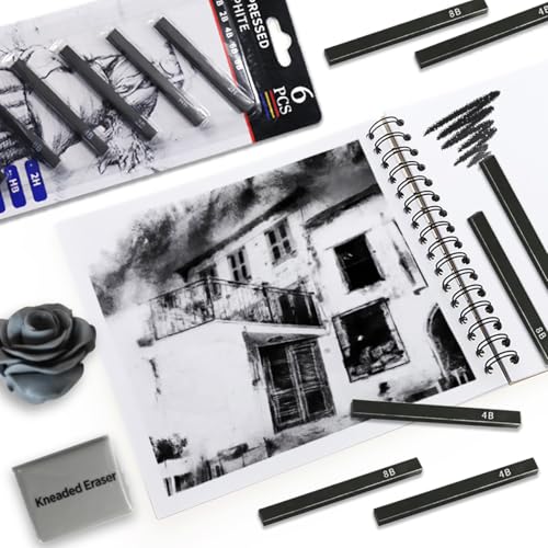 Compressed Charcoal Sticks 6 PCS, Graphite Sticks Square 6 Pieces, Kneaded Rubber Erasers Large Size 4 Pack