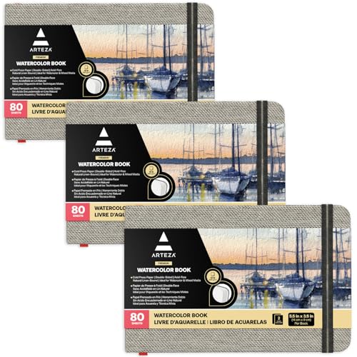 ARTEZA Watercolor Book, Pack of 3, 80 Pages Each, 3.5x5.5 Inch Watercolor Notebook, 110lb/230gsm Water Color Paper - size: Pack 3