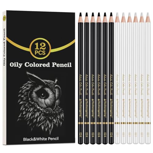 White and Black Color Pencils Drawing Set, 6 pcs White and 6 pcs Black Colored Sketching Pencils for Drawing, Sketching, Shading, Blending for Beginners & Artists