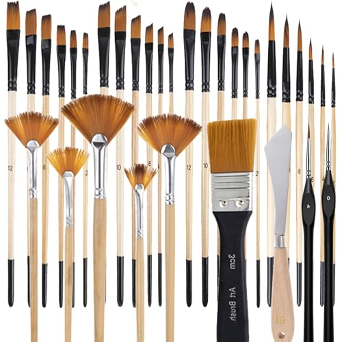 33 Pieces Paint Brush Set, Artist Series, Nylon Bristles with Round, Filbert, Flat, Fan, Angle, Detail Brush, Palette Knife,Suitable for Artists and Beginners for Acrylic Painting, Oil, Watercolor..