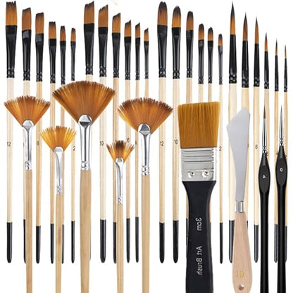33 Pieces Paint Brush Set, Artist Series, Nylon Bristles with Round, Filbert, Flat, Fan, Angle, Detail Brush, Palette Knife,Suitable for Artists and Beginners for Acrylic Painting, Oil, Watercolor..
