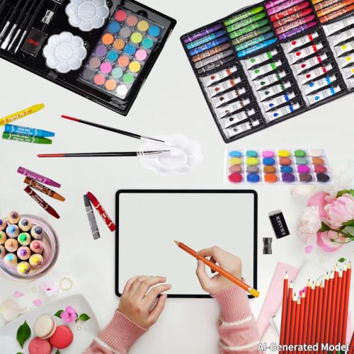 KINSPORY Art Supplies, 139 Pack Painting Drawing Art Kit with 2 Sketch Pads, Deluxe Double Layers Art Set Crafts, Colored Pencils, Oil Pastels, Watercolor Paints, Colored Markers for Kids (Red) - color: Red