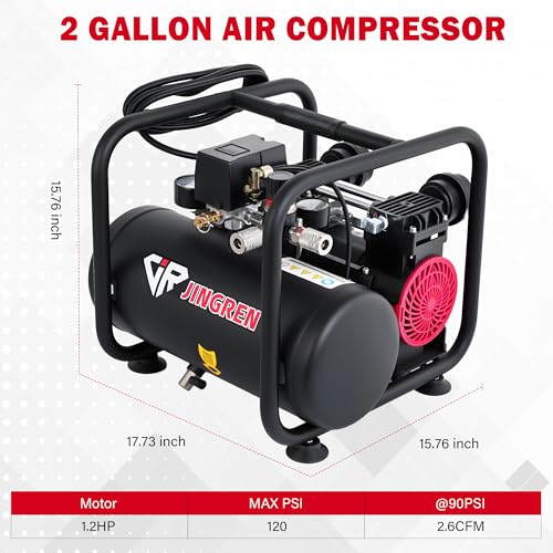 2 Gallon Quiet Oil Free Air Compressor With Air hose, Only 68dB, 1.2HP