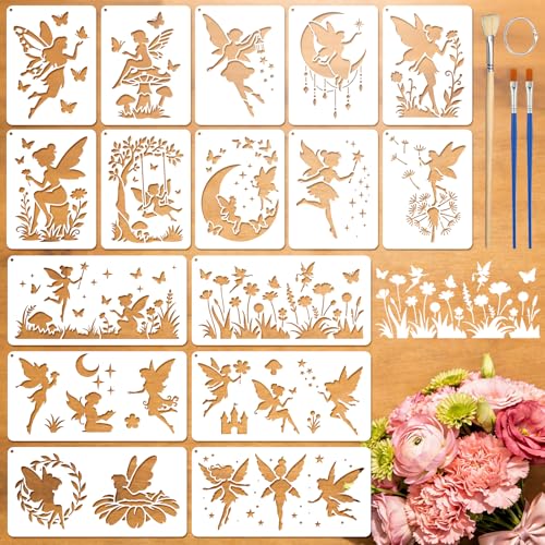 16pcs Fairy Stencils for Painting Stencils for Crafts Reusable | Butterfly Moon Flower Drawing Stencil Painting on Wood Wall Fabric Furniture Card Canvas Paper Scrapbook Photo Album - style: Fairy
