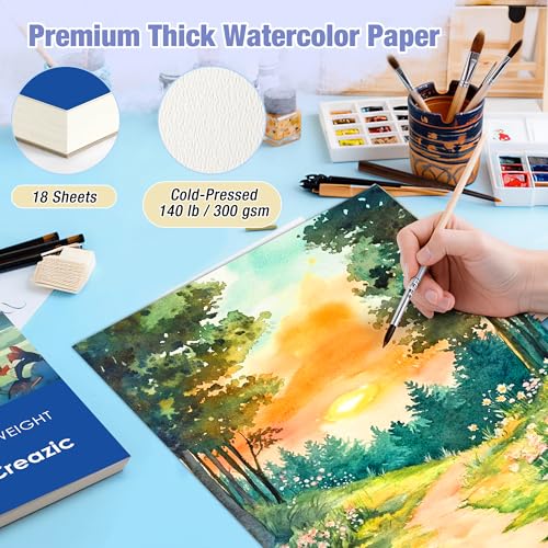Creazic Watercolor Paper Pad, 9"x12", 140lb/300gsm Cold Press Artist Paper - color: Blue, size: 9" x 12" Glue Bound