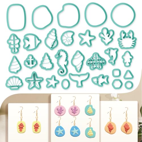 30pcs Sea Creature Shapes Polymer Clay Cutter Seahorse Shell Starfish Cutters for Jewelry Making DIY Marine Style Clay Tools - color: Sea Elements