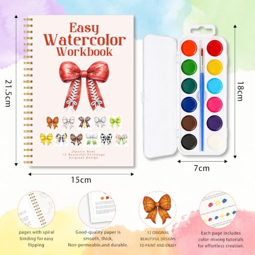 Sports Bow Watercolor Workbook, Athletic Painting Set with Palette Brush | 12 Sport Bow Patterns For Creative Painting, Complete Water Coloring Kit For Beginner, Fun Gift For Sports Lovers Boys Girls - color: Sporty Bow