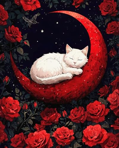 Paint by Numbers Kit for Adults Beginner Animal,Moon Flowers Cat,16x20" | Full set with wooden brushes,rolled canvas,rich paints.Calming activity.Beginner friendly.Just open and paint. - color: 16"X20"Rolled Canvas(Frameless)-Cat 15