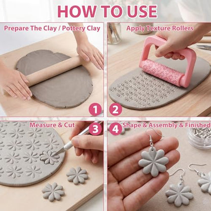 Leriton 9 Pcs Clay Texture Roller Set with Handle, 8-Pattern 3D-Printed Miniature Texture Rollers for Clay, Miniatures, Tabletop, Pottery (Floral) - style: Floral