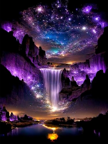 MBNTJHT Waterfall Landscape Diamond Art Kits for Adults,DIY Purple Aurora Diamond Painting Kits for Beginners,5D Full Round Drill Gem Art Painting Crafts for Home Wall Decor 12x16 Inch. - color: G9060