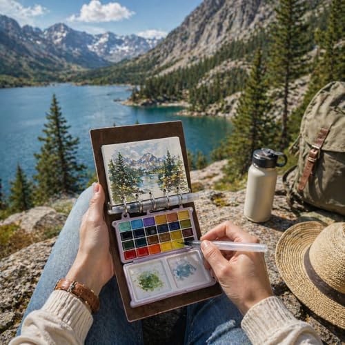 DarkWish Mini Travel Watercolor Set with Sketchbook, 24 Colors, Pink - color: Pink