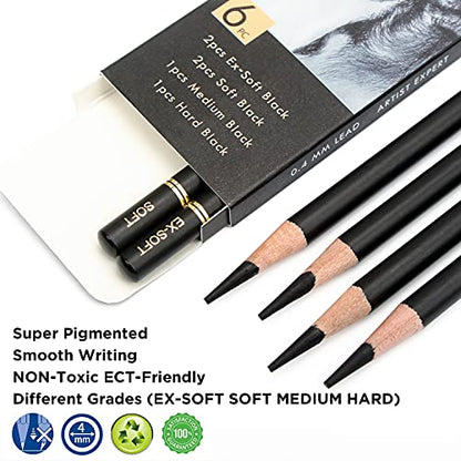 Brusarth Professional Charcoal Pencils Drawing Set - 6 Pieces Soft Medium and Hard Charcoal Pencils for Drawing, Sketching, Shading | Soft Medium and Hard Charcoal Pencils for Drawing, Sketching, Shading, Charcoal Pencils for Beginners & Artists - color: