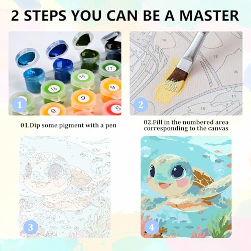 Sea Turtle Paint by Numbers Kit for Kids with Frame Wooden Easel 8x8 inch - color: style-2