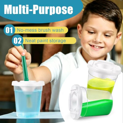 No Spill Paint Cups with Lids for Kids, 12 Paint Cups, 12 PaintBrushes | Reusable Paint Cups with Lids, No-Spill Proof, Airtight Dual-Seal, for Toddlers and Kids, Great for Classrooms, Schools, Arts