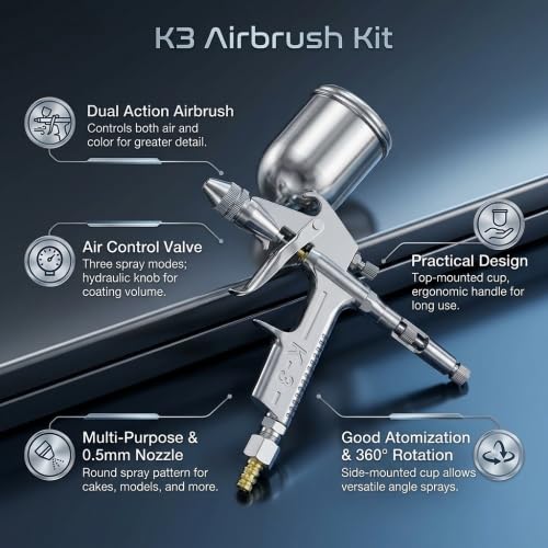 HEEPDD K3 Airbrush Kit, 40MPa Spray Gun | Type Feed Spray Air Brush Set, 351L/m Rate, with Metal Pot and Brush, For Cake Tattoo Face Body Painting