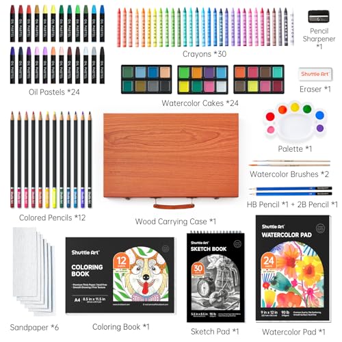 Shuttle Art 106 Piece Deluxe Art Set, Art Supplies in Wooden Case, Painting Drawing Art Kit with Crayons Colored Pencils Oil Pastels Watercolor Cakes Coloring Book Sketch Pad for Kids Adults - color: Brown, size: 106 Piece Set