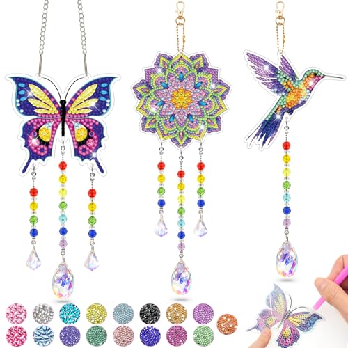 Arts and Crafts for Kids Ages 8-12, Diamond Art Kits for Kids Birthday Gifts for 5 6 7 8 9 10 11 Year Old Girls Diamond Painting Kits for Adults Teen, Gem Art Suncatcher Wind Chime for Home Garden