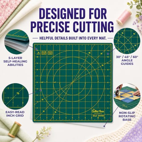 The Quilted Bear 7" x 7" Rotating Self-Healing Cutting Mat, Green | Square Mat, 360° Rotation, Locking Mechanism, 5-Layer Surface, Non-Slip Base, Clear Inch Grid & Angle Guides for Quilting - color: Green, size: 7"L x 7"W