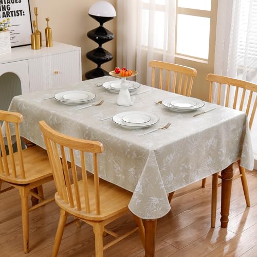Heavy Duty Vinyl Tablecloth with Flannel Backing Waterproof Oil-Proof Plastic Table Cloth Stain-Resistant Wipeable Rectangle or Square Table Cover for Indoor and Outdoor (Beige Leaf,52x70 Inch) - color: Beige Leaf, size: 52" x 70" (Rectangular)