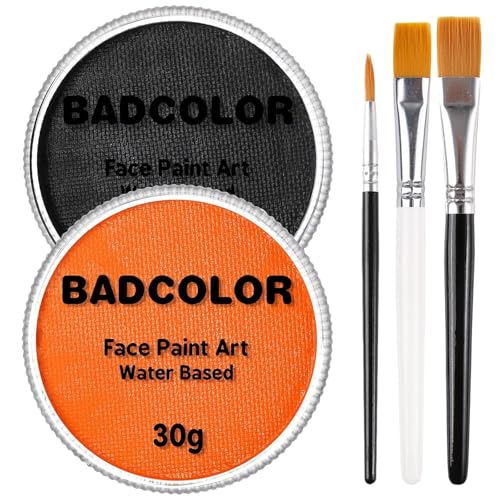 Black Orange Face Body Paint with Brushes for Pumpkin Halloween Makeup, Water Based Face Painting Kit Non-Toxic for Kids Adults Party, Facepaint for Scarecrow Clown Tiger Lion Costume Cosplay Make-Up - color: Black+Orange+3Pcs Brushes