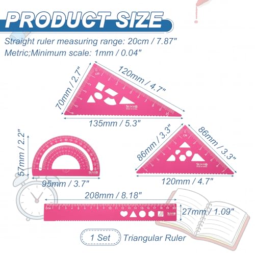 HARFINGTON 4pcs Triangular Ruler Set 20cm Aluminum Alloy Straight Geometric Protractor Triangle Engineering Scale Drafting Ruler Kit Measuring Drawing Tool for Classroom Office Home, Pink - color: Pink