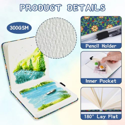 5x5 Watercolor Sketchbook,Mixed Media Pad,Travel Portable Drawing Journal | 140LB/300gsm 20Sheets/40Pages Watercolor Paper,Cold Press,Cloth Fabric Hardcover,Sewing Binding,Lay-Flat.Azure Bloom - color: 300gsm-Azure Bloom