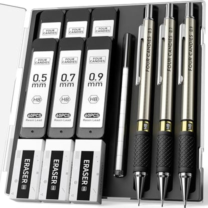 3PCS Metal Mechanical Pencil Set with Case, 0.5/0.7/0.9mm, Three Sizes | 360 Leads, 12 Erasers, Non-Slip Grips, For School Writing, Sketching, Art Drawing & Professional Drafting - size: 3 Count (Pack of 1)