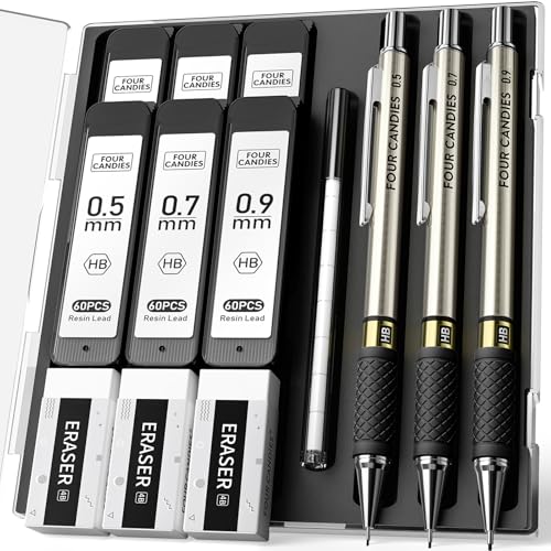3PCS Metal Mechanical Pencil Set with Case, 0.5/0.7/0.9mm, Three Sizes | 360 Leads, 12 Erasers, Non-Slip Grips, For School Writing, Sketching, Art Drawing & Professional Drafting - size: 3 Count (Pack of 1)