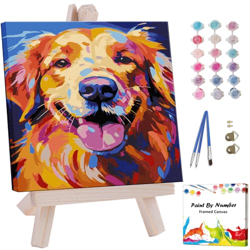 Artunion Framed Paint by Numbers Kit for Adults Beginners & Kids Ages 8-12,Golden Retriever Paint by Number with Frame,Dog Paint by Numbers Kit on Canvas 10 * 10 Inch Without Easel - color: ZXT-181-F