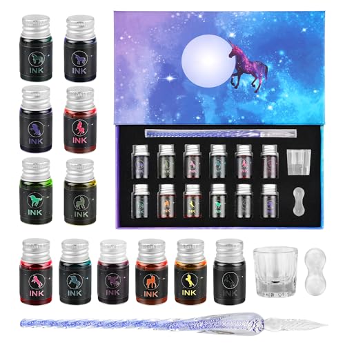 Luxiv Glass Dip Pen Set, Purple Crystal Pen With Ink, Holder, and Package - color: Purple, style: Sets (15Pcs)