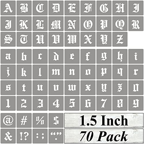 1.5 Inch Alphabet Letter Stencils for Painting - 70 Pack Old English Letter Stencil Templates with Numbers and Signs for Painting on Wood, Reusable Letter Stencils for Chalkboard Wood Signs & Wall Art - size: 1.5 Inch