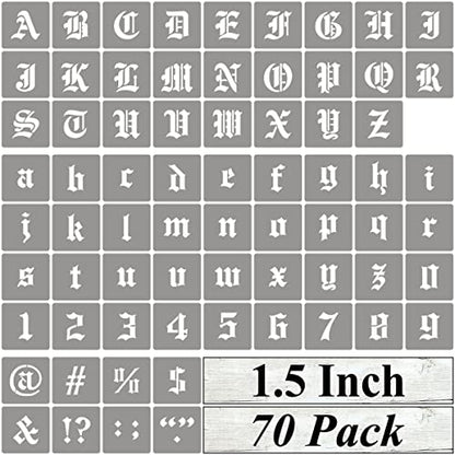 1.5 Inch Alphabet Letter Stencils for Painting - 70 Pack Old English Letter Stencil Templates with Numbers and Signs for Painting on Wood, Reusable Letter Stencils for Chalkboard Wood Signs & Wall Art - size: 1.5 Inch