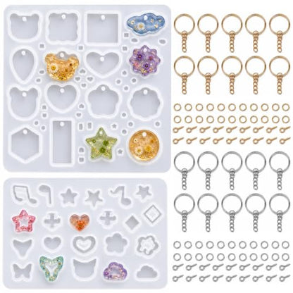 Silicone Resin Molds for Keychain and Pendant Making, 2 Mold Starter Kit with 220PCS Accessories, DIY Casting Set for Jewelry, Charms and Handmade Gift Crafts