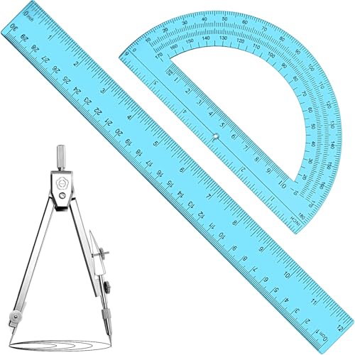 Zonon 3 Pcs 12" Clear Plastic Ruler 6 Inch Protractor Compass Set, Blue - color: Blue, size: 12 Inch