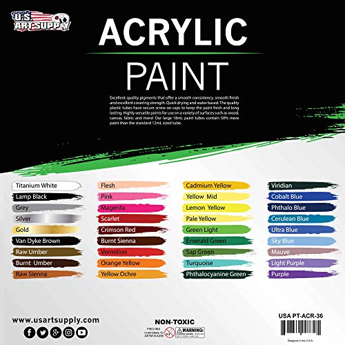 U.S. Art Supply 36 Color Professional Acrylic Paint Set in 12ml Tubes | Painting Supplies for Adults, Artists, Students, Beginners - Canvas Portrait Paintings