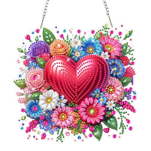 Valentine's Day Diamond Art Hanging Ornaments Kits for Adults, Heart Flower Diamond Painting Pendant Kits, DIY Acrylic 5D Special Shaped Crystal Gem Art Painting Ornament for Home Wall Decor Gift - color: AQ026