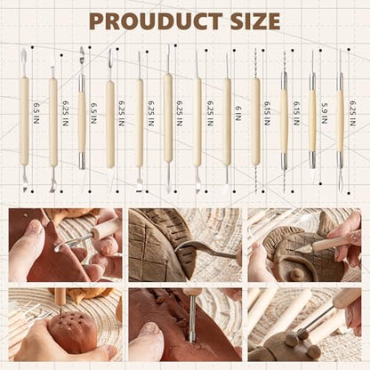 22PCS Wooden Pottery Sculpting Tools, Wood Clay Cleaning Tool Set, Ceramic Modeling Tool for Carving, Molding, Cutting, Trimming, Pottery Wheel, Crafting Supplies, Beginners, Adults, Students - color: Wood-22PCS