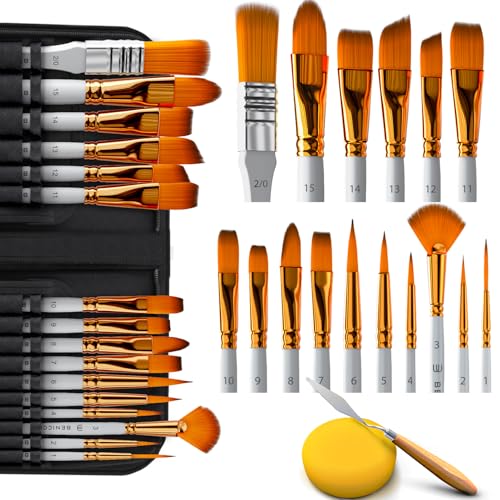 Artist Paint Brush Set of 16 - Includes Spatula Palette Knife, Sponge & Organizing Case - Premium Paint Brushes for Acrylic Painting, Watercolor, Oil - Perfect for Kids, Adults or Professionals