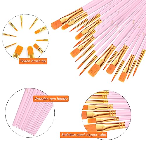 AROIC Acrylic Paint Brushes, 6 Packs/60 pcs Nylon Hair Paint Brush Set | All Purpose Oil Watercolor Painting Artist Professional Kits (Pink) - size: 60pcs-pink