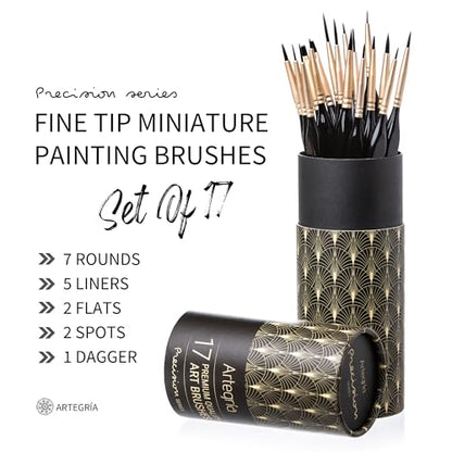 ARTEGRIA Detail Paint Brush Set, 17 Fine Tip Miniature Brushes - color: Black - 17pcs