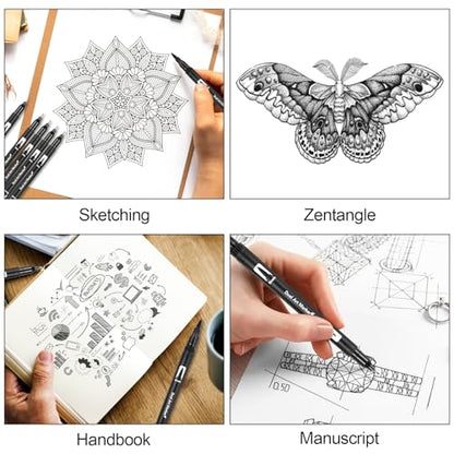 Qianyu 12 Pack Drawing Pens Black Felt Tip Markers Dual Brush Fineliners Pens Fine Calligraphy Brush Pens For Beginners Art Sketching Writing Hand Lettering Scrapbooking Journaling
