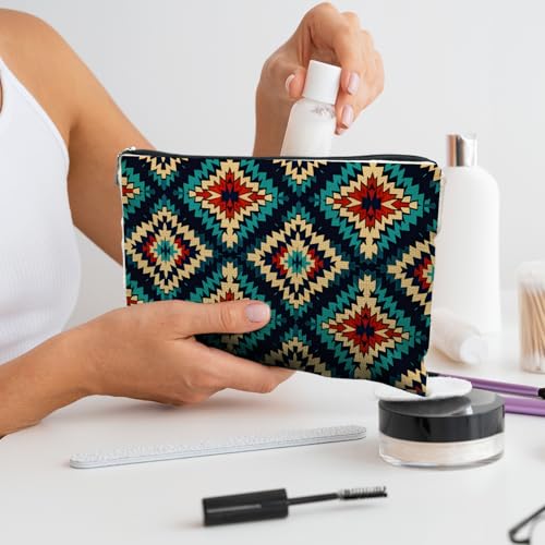 Boho Aztec Makeup Bag, Ethnic Southwestern Navajo Tribal Cosmetic Bag for Women, Western Gifts and Accessories - color: Boho Aztec