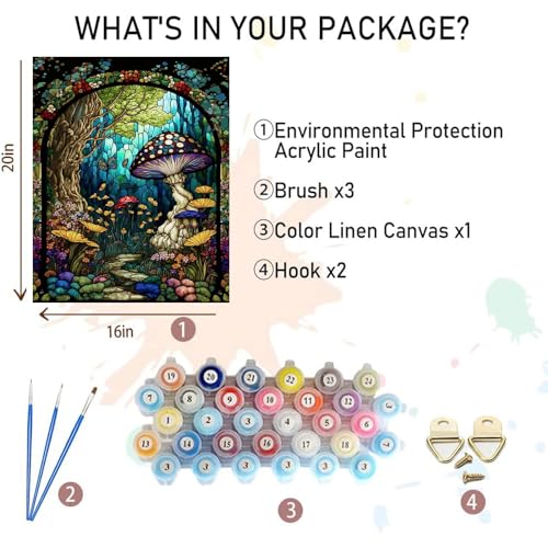 Mushroom Paint by Numbers for Adults - Stained Glass Paint by Number | DIY Forest Oil Painting for Gift Home Wall Decor, Without Frame (16x20 inch) - color: MT12360