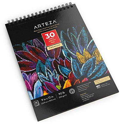 ARTEZA Spiral Sketch Book 9x12 Black Art Paper Drawing Pad 30 Sheets Sketch Pads for Drawing Adults & Teens - size: 1 Pack