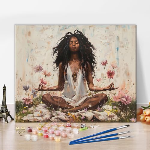 Yoga Women Paint by Number Kits for Adults Beginner, Meditation Theme | africa black women in garden, flowers DIY acrylic painting, wall art, or relaxing with family, without frame, 16"x20"