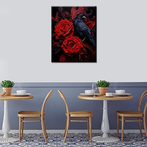 Tucocoo Red Rose and Raven DIY Paint by Number for Adults Beginners Delicate Flowers Painting by Number on Canvas with Brushes and Acrylic Pigment Dark Style Easy to Paint Without Frame 16 x 20inch - color: Artwork-04, size: 16''x20''(Frameless)