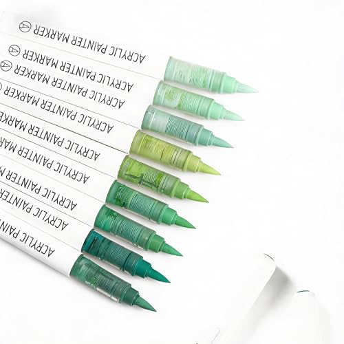 Acrylic Paint Markers,Solid Color Series 9 pcs Acrylic Paint Pens Set Brush Tip Acrylic Paint Pens for Artists Adults,for Rock Painting, Ceramic Mugs,Eggs,Canvas DIY Crafts(Green - color: Green
