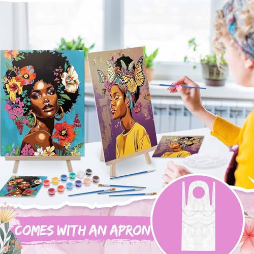 Tenceur 16 Sets Pre Drawn Canvas to Paint for Sip and Paint Party, 8 x 10 Inch Preprinted Framed Pre Sketched Coloring Canvas with Easels and Brushes for Adults Party Supplies(Black Girl) - style: Black Girl